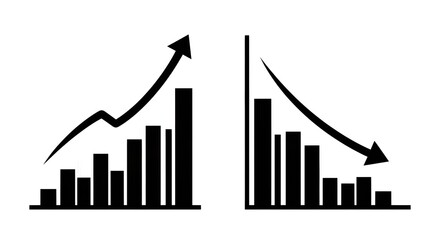 Black and white bar graphs illustrate upward and downward trends with arrows indicating growth and decline in a simple financial visualization