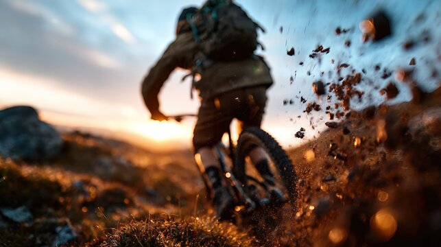 An intense shot of a mountain biker speeding across a rugged terrain, kicking up dirt, embodying the spirit of adventure and thrill in outdoor sports.