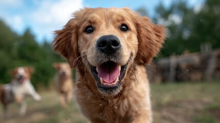 Obraz premium A joyful golden retriever dog runs playfully across a sunny meadow, showcasing its exuberance and love for life, embodying the spirit of companionship and fun.