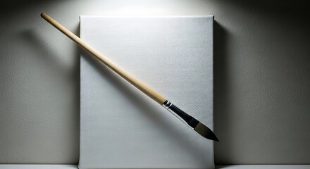 A single paintbrush rests diagonally across a blank white canvas with textured walls behind painting