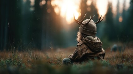 A child wearing a knitted hat with antlers sits peacefully in a forest, absorbing the beauty of nature at dusk, evoking a sense of innocence and connection with the environment.
