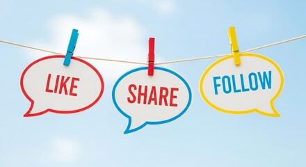 Three speech bubbles with like share and follow messages hanging on a clothesline against a bright blue sky promoting social media engagement now
