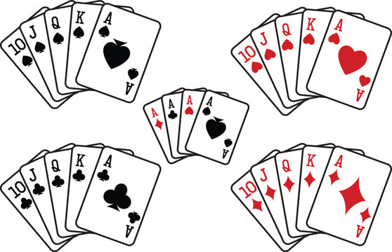 Royal flush hand. playing card royal flush set of clubs, diamonds, hearts and spades. poker card suit of jack, queen, king and ace, vector design.
