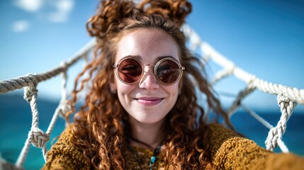 A joyful girl with vibrant curly hair smiles widely on a boat, capturing the essence of carefree summer days and adventure in a bright and sunny environment by the sea.