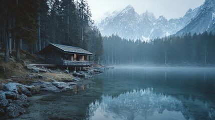 Rustic Cabin on Lake in Foggy Winter Landscape