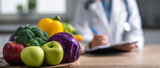 The Fresh Produce Arrangement Beside a Doctor Writing Nutrition Notes During Consultation