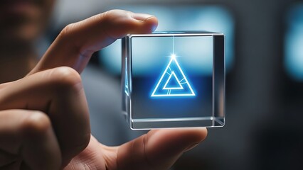 Illuminated transparent cube held by a hand, displaying an abstract blue glowing symbol, symbolizing innovative digital concepts, secure data, and emerging technology solutions