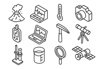 Fototapeta premium Science and technology icons: volcano, seismograph, thermometer, camera, satellite.