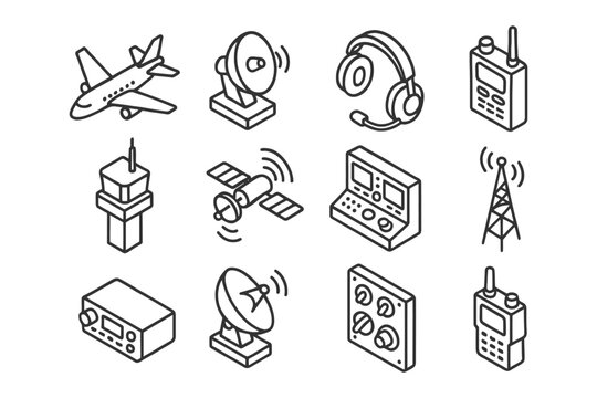 Isometric aviation and communication icons: airplane, satellite, and radio equipment.