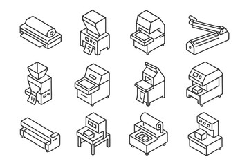 Isometric icons of industrial machines: comprehensive factory equipment set.