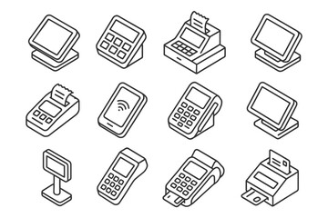 Isometric line art of pos systems and payment devices.
