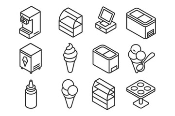 Line icons of ice cream machine, display case, and soft serve cones.