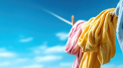 A set of vibrant towels hangs on a line against a clear blue sky, evoking memories of warm summer days and the refreshing feeling of clean laundry.