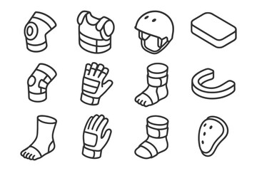 Outline icons of sports safety gear and protective equipment collection.