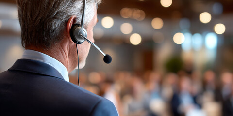 Close-up of a professional man wearing a headset microphone speaking to an audience in a conference or seminar setting with blurred attendees in the background