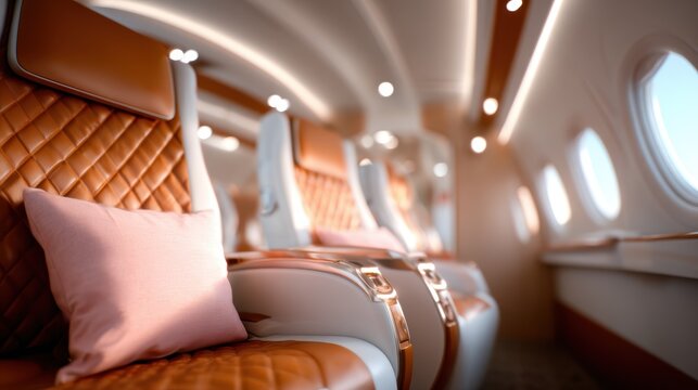 An elegant airplane cabin showcases plush seating and soothing ambiance, representing both comfort and sophistication for today’s discerning travelers.