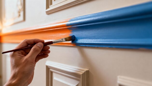 Closeup medium view of a hand painting complementary colors on chair rail molding emphasizing skillful technique and refined interior design accents.