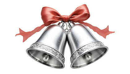 Two silver bells tied together with a red bow on a white background for holiday celebrations