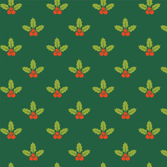 Seamless Christmas holly pattern with bright green leaves and red berries on dark green background, classic festive texture ideal for holiday gift wrap, textiles, greeting cards, packaging and seasona