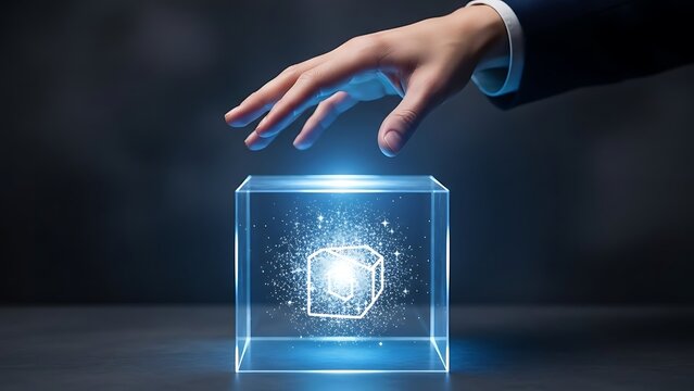 Embracing innovation a professional hand extends towards a radiant transparent cube, symbolizing advanced technology, data analytics, and future insights