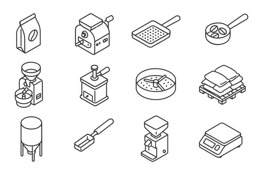 Isometric icons of coffee production equipment including roasters grinders and scales.