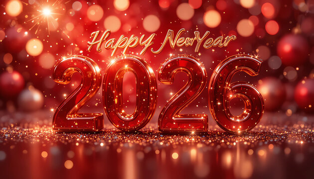 Red Festive Theme "Happy New Year 2026 in glossy red and gold, glowing sparkles, celebration festive feel"