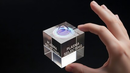 A hand holding a transparent cube with a plasma-like sphere on top, labeled 'Plasma Selecting'.