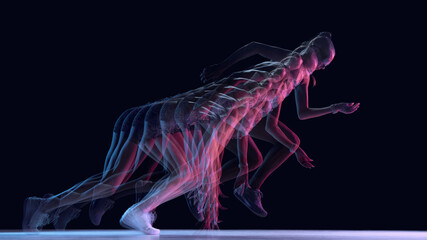 Fototapeta premium High-speed motion-trail of athlete pushing into sprint start in dark studio. Concept of starting mechanics, explosive-power training, movement analytics, and professional sports visuals.