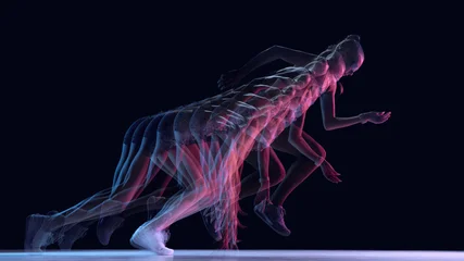 Fototapeten Pony High-speed motion-trail of athlete pushing into sprint start in dark studio. Concept of starting mechanics, explosive-power training, movement analytics, and professional sports visuals.  © Lustre Art Group 