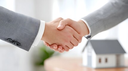 Close up of two professionals in suits shaking hands with a miniature house model on a table signifying a successful real estate deal property sale or business agreement