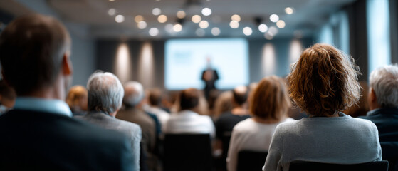 Audience attending a professional conference or seminar in a modern conference room with a speaker presenting on stage