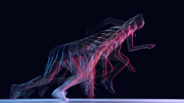 High-speed motion-trail of athlete pushing into sprint start in dark studio. Concept of starting mechanics, explosive-power training, movement analytics, and professional sports visuals.