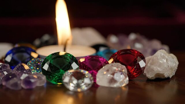 Gems surrounding a candle, precious stones of different colors