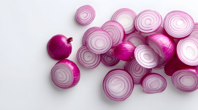 A top down view of vibrant red onions some whole and others precisely sliced revealing their distinctive concentric purple and white rings on a plain white surface perfect for culinary inspi n