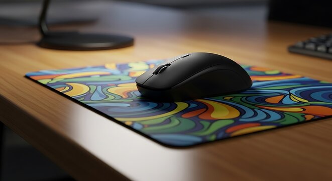 Black computer mouse resting on a colorful abstract patterned mousepad on a wooden desk office supplies