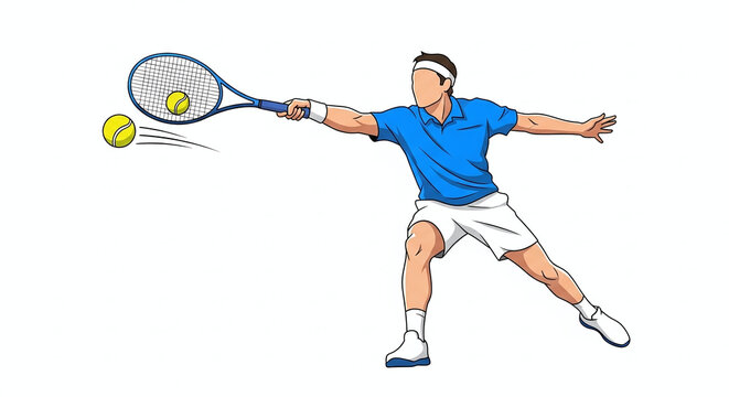 Tennis player hitting ball with isolated white.
