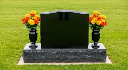 Black granite headstone stands on green grass with vases of orange and yellow flowers in a peaceful cemetery setting under natural sunlight