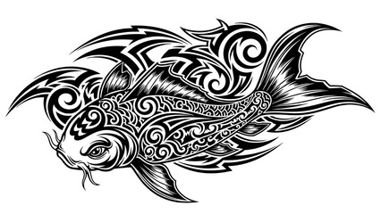 Obraz premium A bold monochrome tribal koi fish illustration with strong lines and dynamic ornamental patterns, expressing a powerful graphic style.