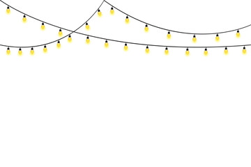 Warm, yellow-lit hanging bistro string lights garland with a glow effect. Perfect for wedding, cafe, and party headers. Available as EPS, JPG, and transparent PNG vector.