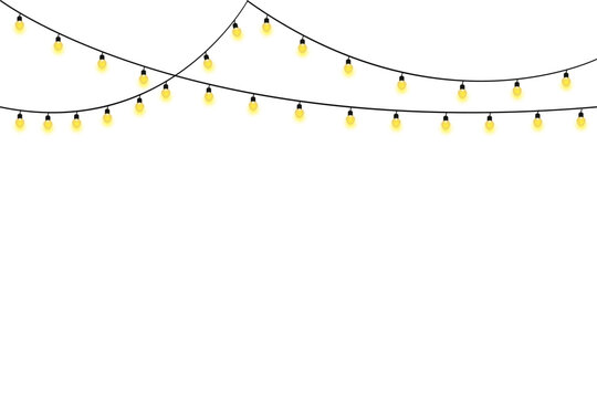 Warm, yellow-lit hanging bistro string lights garland with a glow effect. Perfect for wedding, cafe, and party headers. Available as EPS, JPG, and transparent PNG vector.