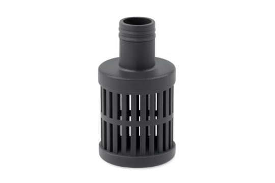 Black plastic pump intake strainer filter on transparent background