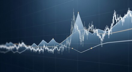 Financial graph displaying stock market trend and analysis on dark blue backdrop.