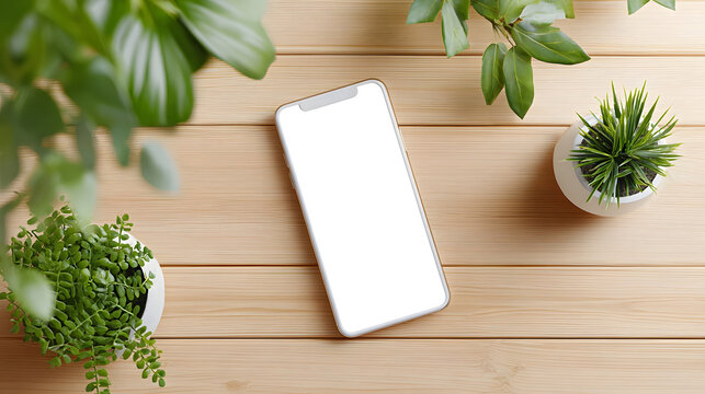 A top down view of a mobile phone displaying a white screen set on a wooden surface with potted plants ideal for creative mockups or lifestyle content