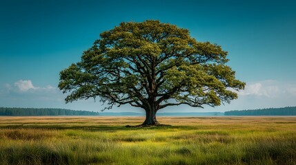 Fototapeta premium Majestic solitary oak tree standing in vast green meadow under bright blue sky featuring symmetrical canopy and idyllic summer landscape view.