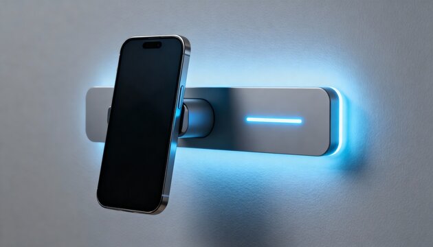 Closeup of a sleek wallmounted wireless charging dock featuring a glowing LED indicator and a slim smartphone in portrait orientation.