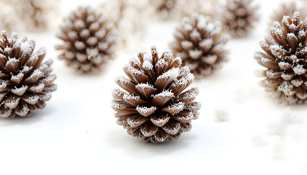 Close up of several pine cones covered in snow on a white surface creating a wintery scene