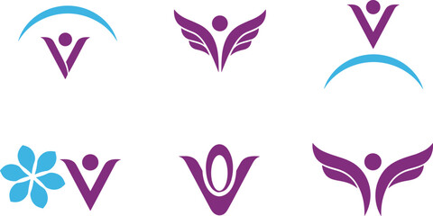 Collection of abstract human figures with wings and floral elements in purple and blue
