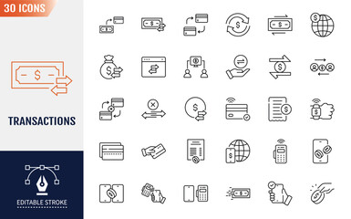 Transactions icon set. Editable stroke. Vector illustration