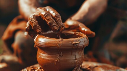 The skilled hands of a master craftsman mould a clay pot on a potter's wheel, emphasising traditional craftsmanship — an excellent backdrop for articles on handicrafts or ceramics masterclasses.