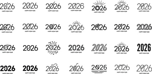 Collection of black and white 2026 happy new year text designs with varied typography and graphic elements
